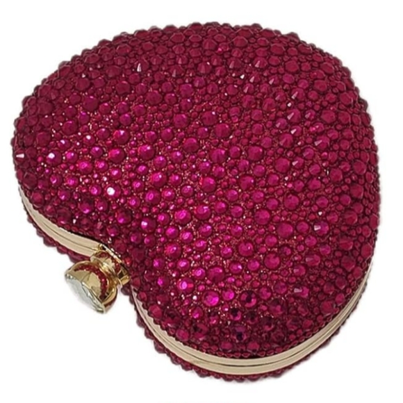 Fuchsia Pink Heart Shape Purse Sparkling Crystal Clutch Crossbody Bag Long Chain